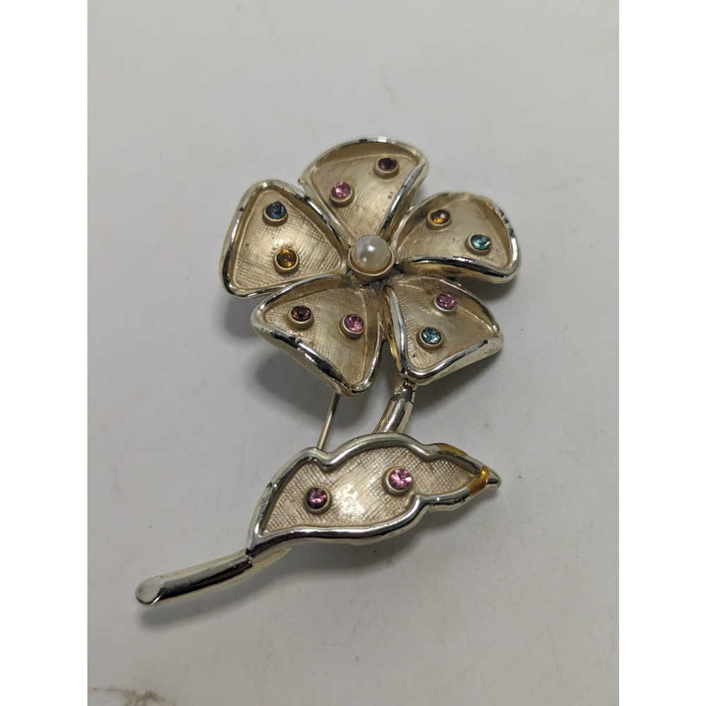 Large Vintage Flower Brooch Faux Pearl Multicolor Rhinestone Florentine Finish
